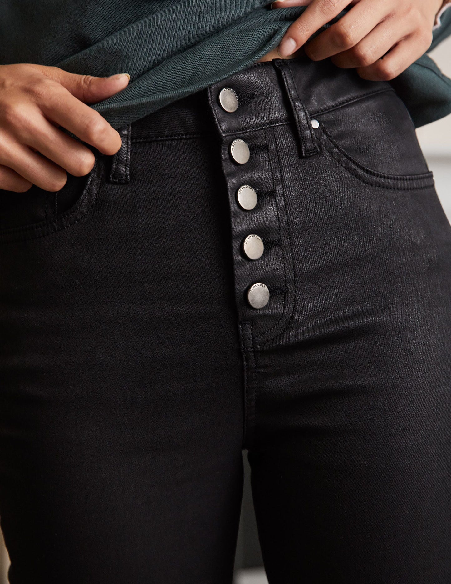 Button Fly Skinny Jeans-Black Waxed