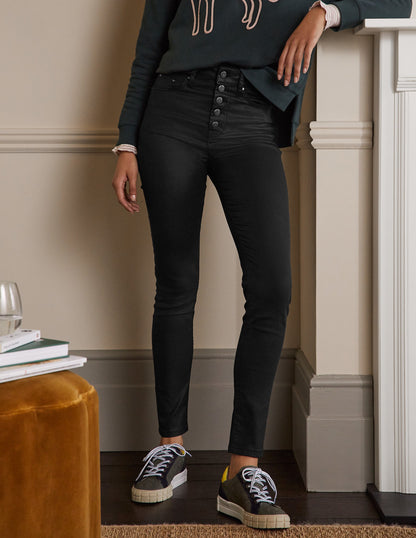 Button Fly Skinny Jeans-Black Waxed-4