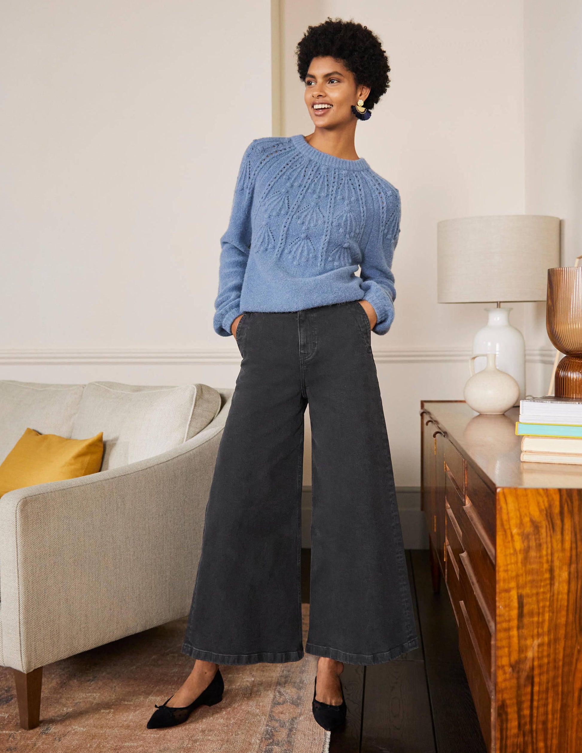 Wide Leg Denim Culottes-Washed Black-4