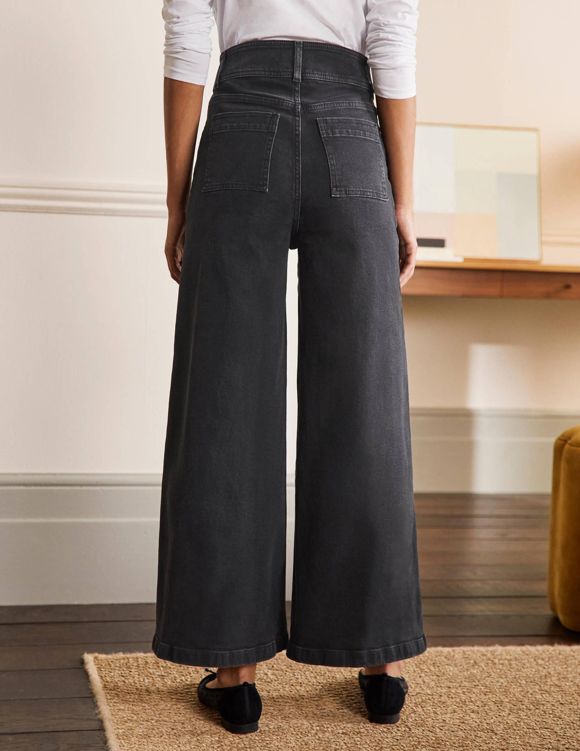 Wide Leg Denim Culottes-Washed Black - Image 2