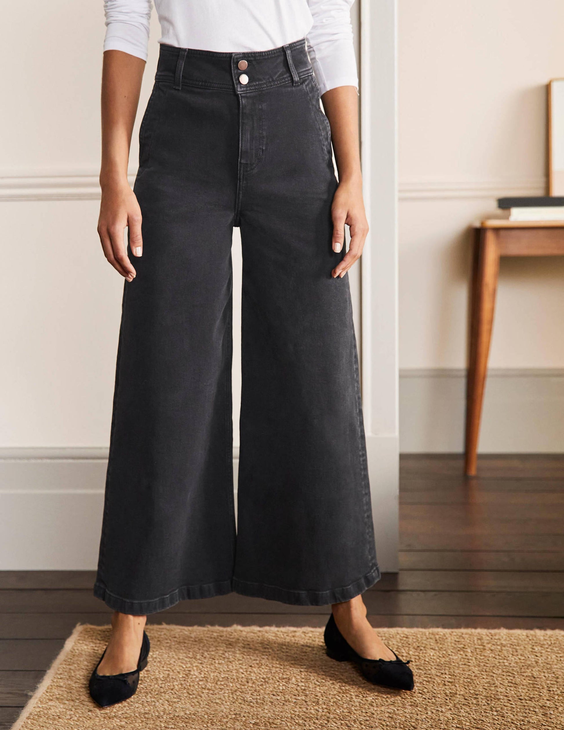 Wide Leg Denim Culottes-Washed Black-3