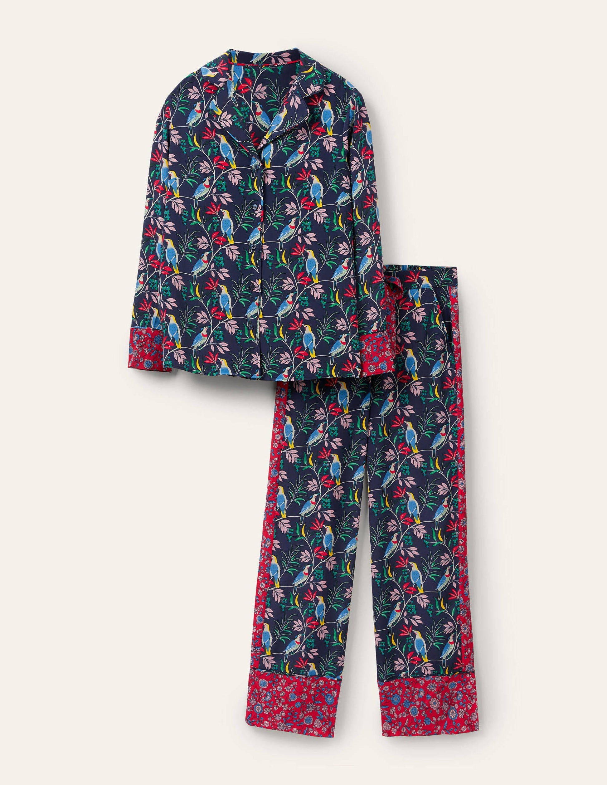 Silk Pyjama Set-Navy, Berry Bird-5