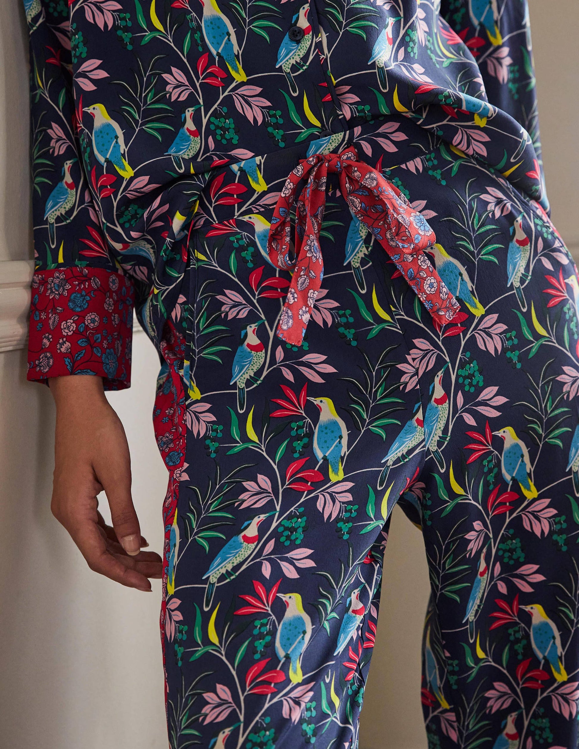 Silk Pyjama Set-Navy, Berry Bird-1