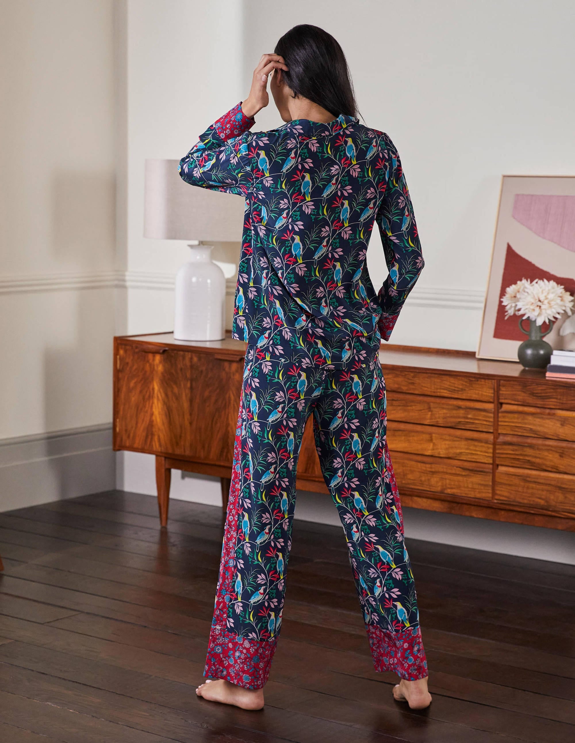 Silk Pyjama Set-Navy, Berry Bird - Image 2