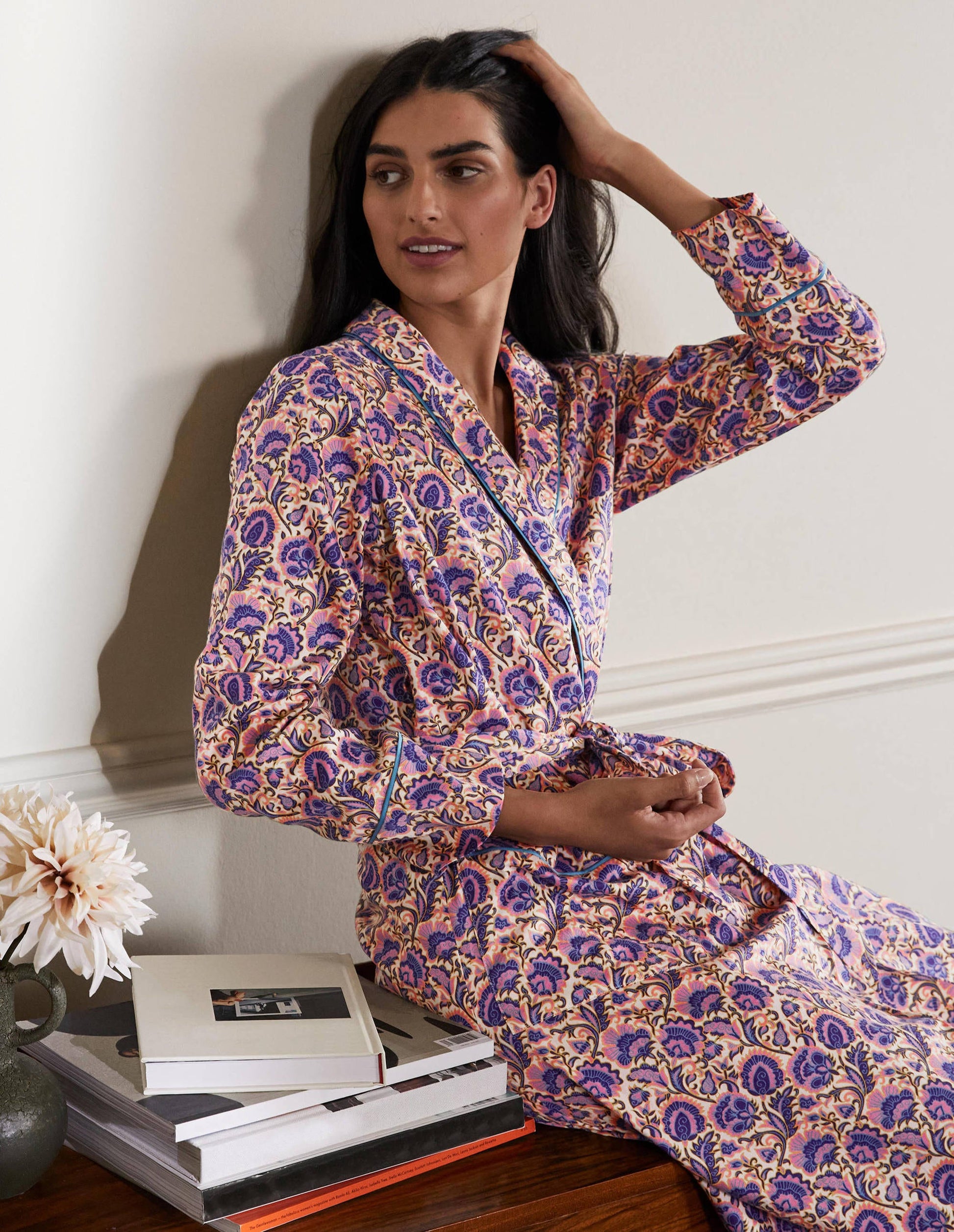 Cotton Dressing Gown-Ivory, Rich Floral-4