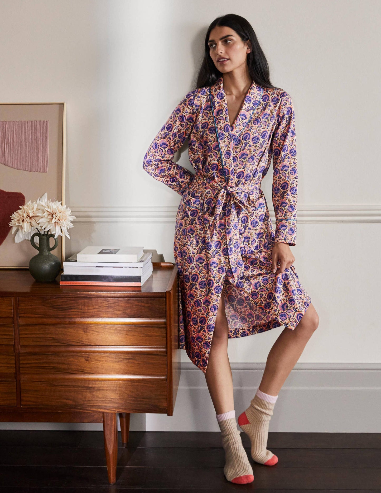 Cotton Dressing Gown-Ivory, Rich Floral