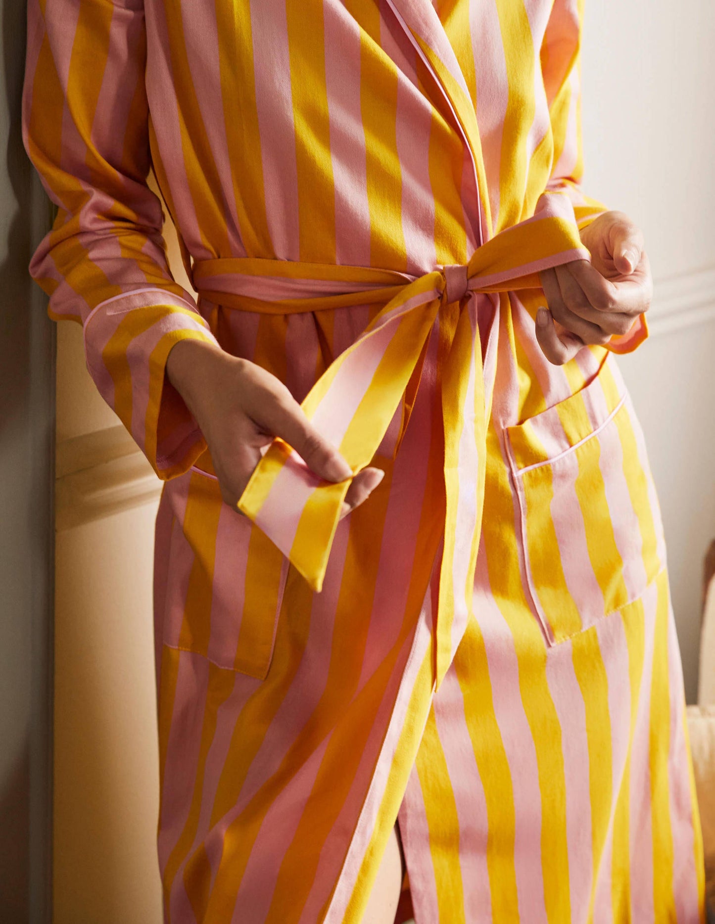 Cotton Dressing Gown-Milkshake and Wasp Stripe