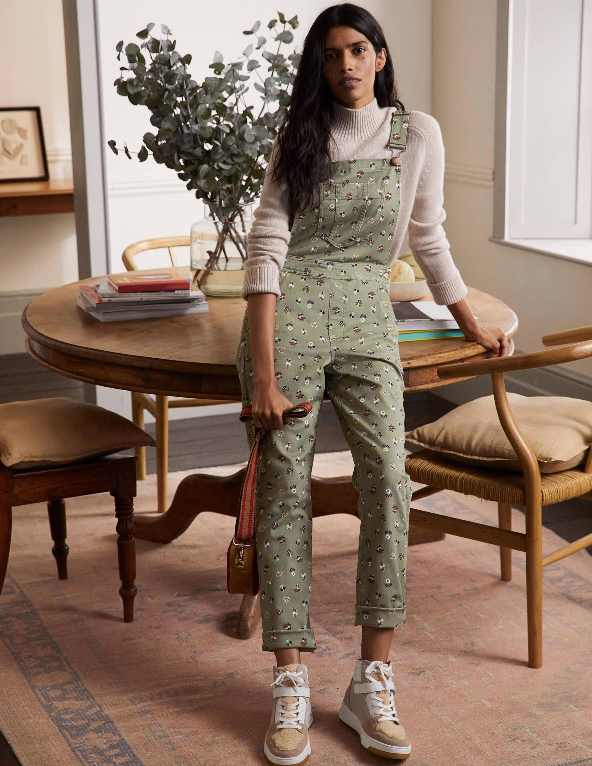 Girlfriend Dungarees-Pale Khaki, Dainty Floral-4