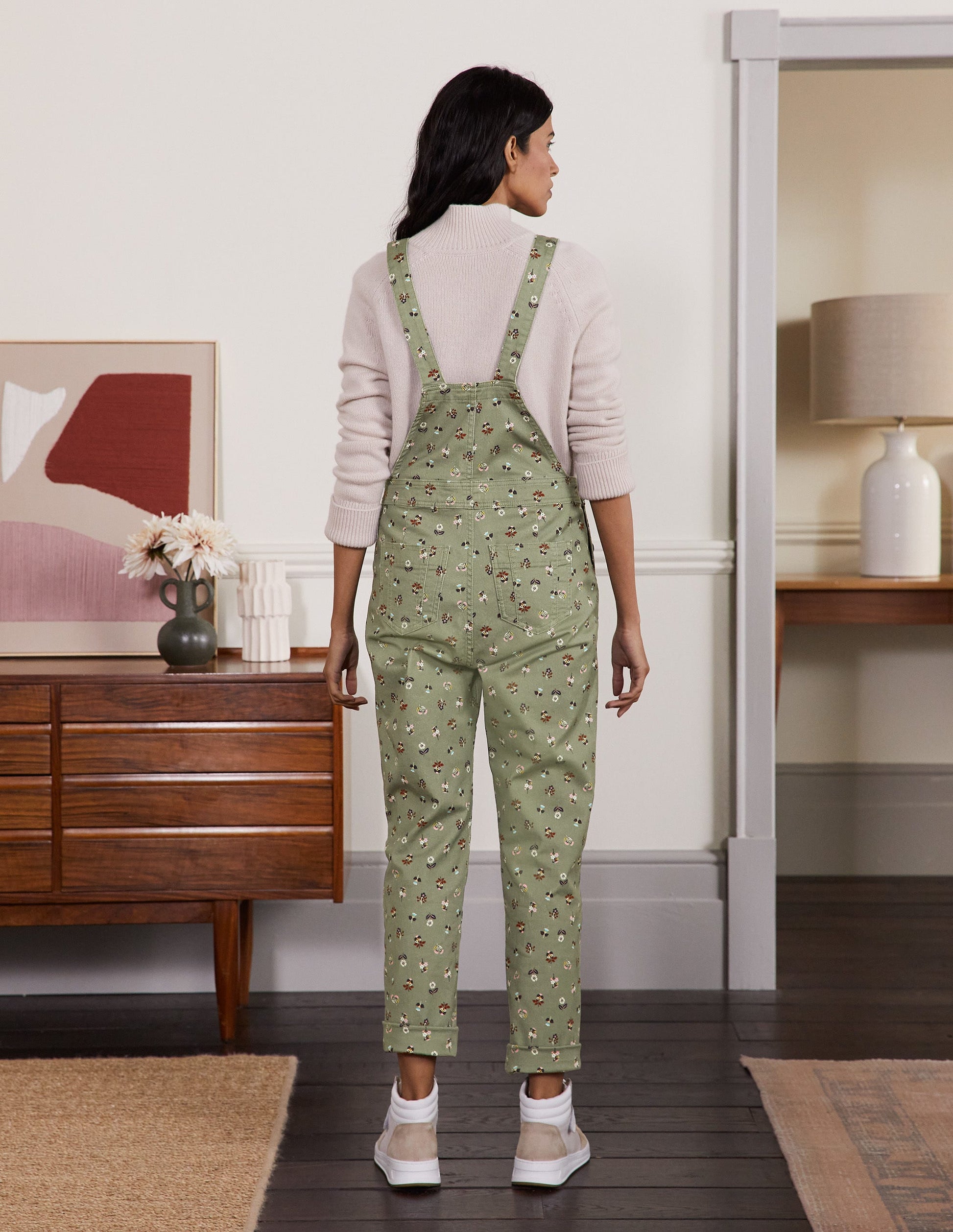 Girlfriend Dungarees-Pale Khaki, Dainty Floral-2