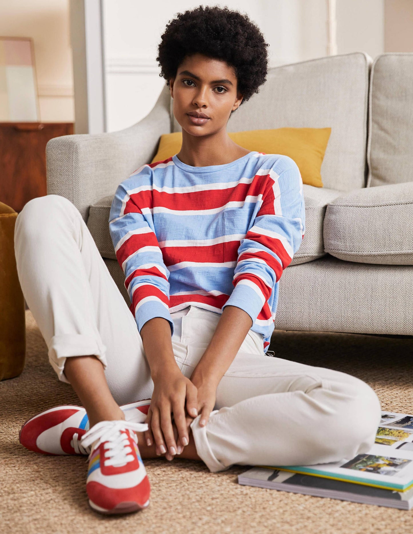 Boxy Jersey Tee-Frosted Blue/ Red Stripe