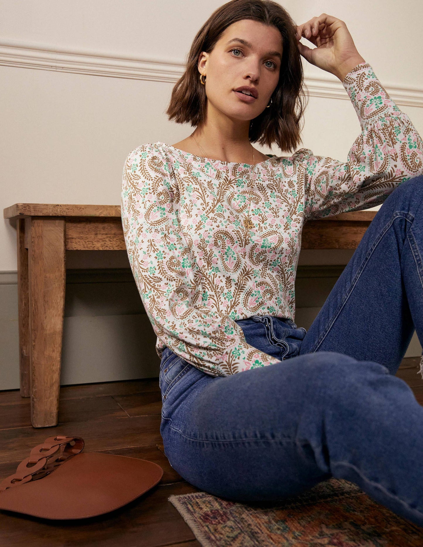 Blouson Jersey Top-Ivory, Floral Paisley