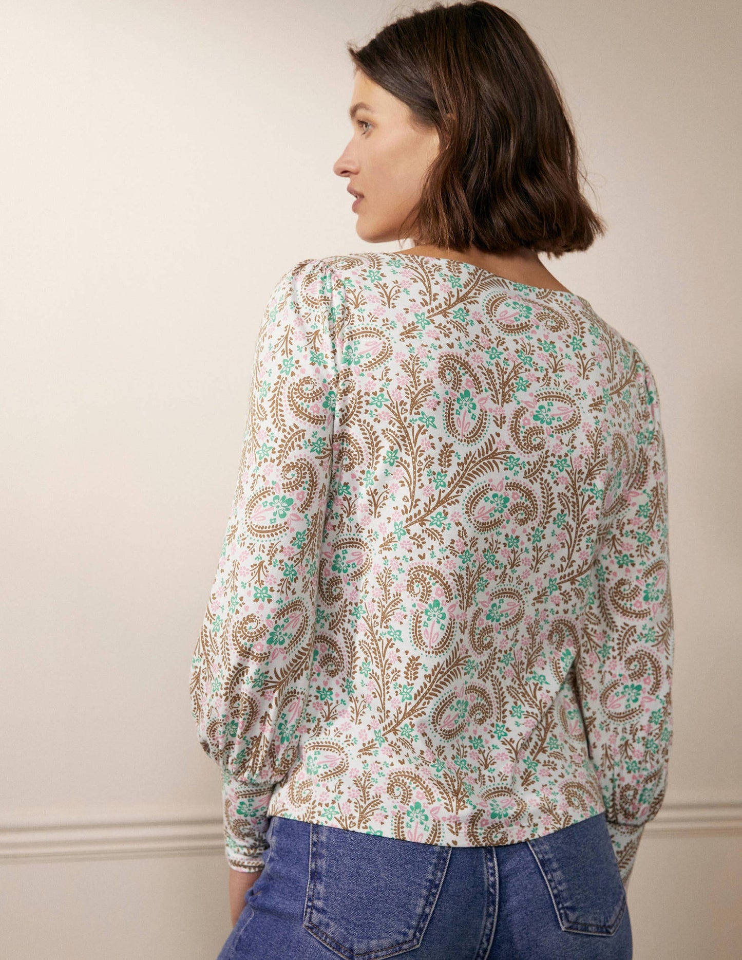 Blouson Jersey Top-Ivory, Floral Paisley