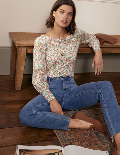 Blouson Jersey Top-Ivory, Floral Paisley-4