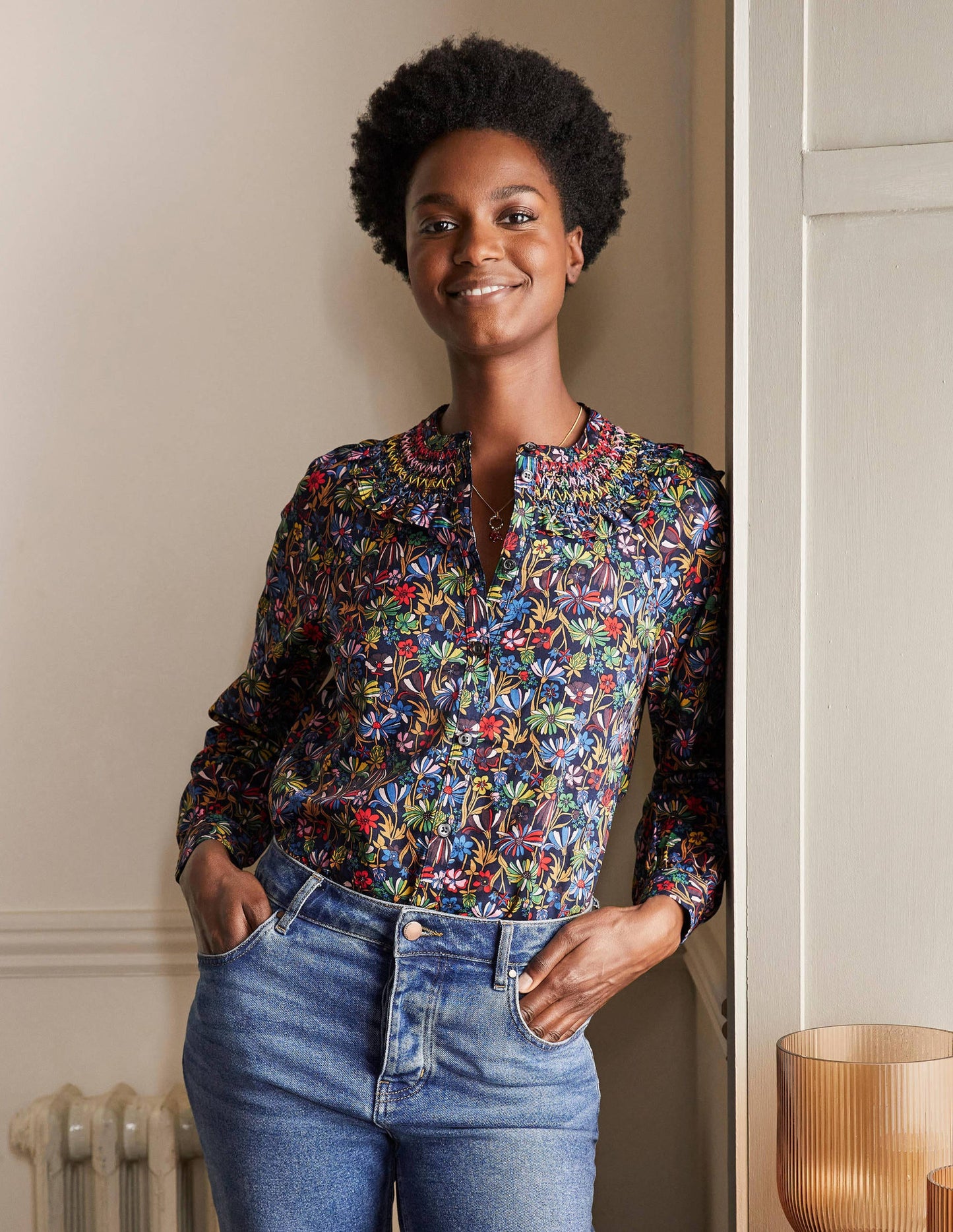 Leandra Smocked Cotton Shirt-Navy, Wild Dandelion