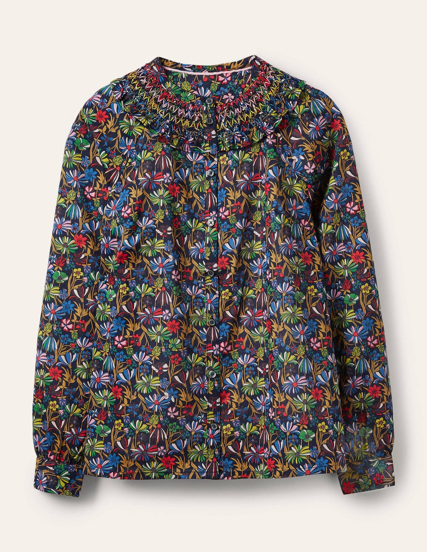Leandra Smocked Cotton Shirt-Navy, Wild Dandelion