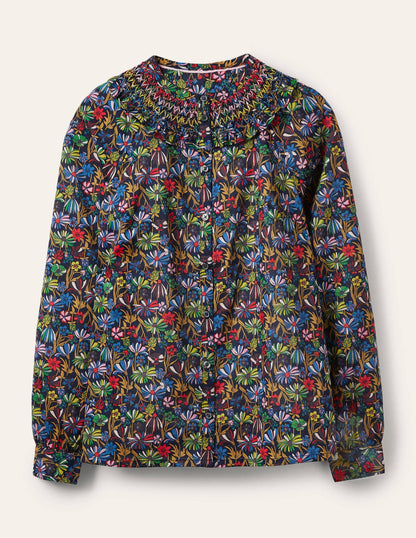 Leandra Smocked Cotton Shirt-Navy, Wild Dandelion-5