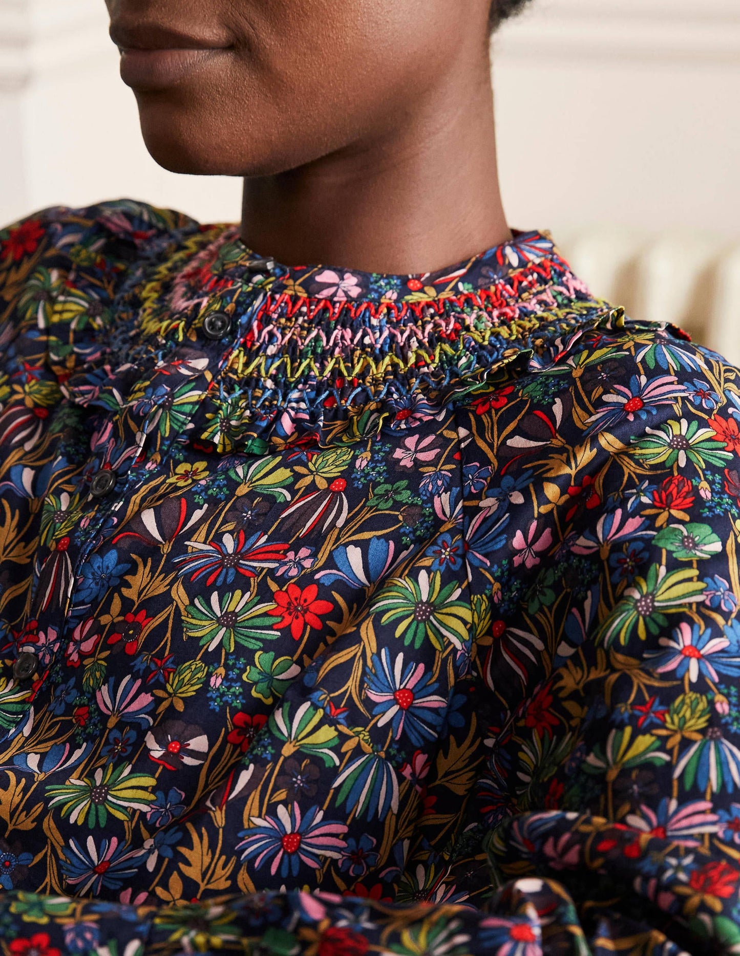Leandra Smocked Cotton Shirt-Navy, Wild Dandelion