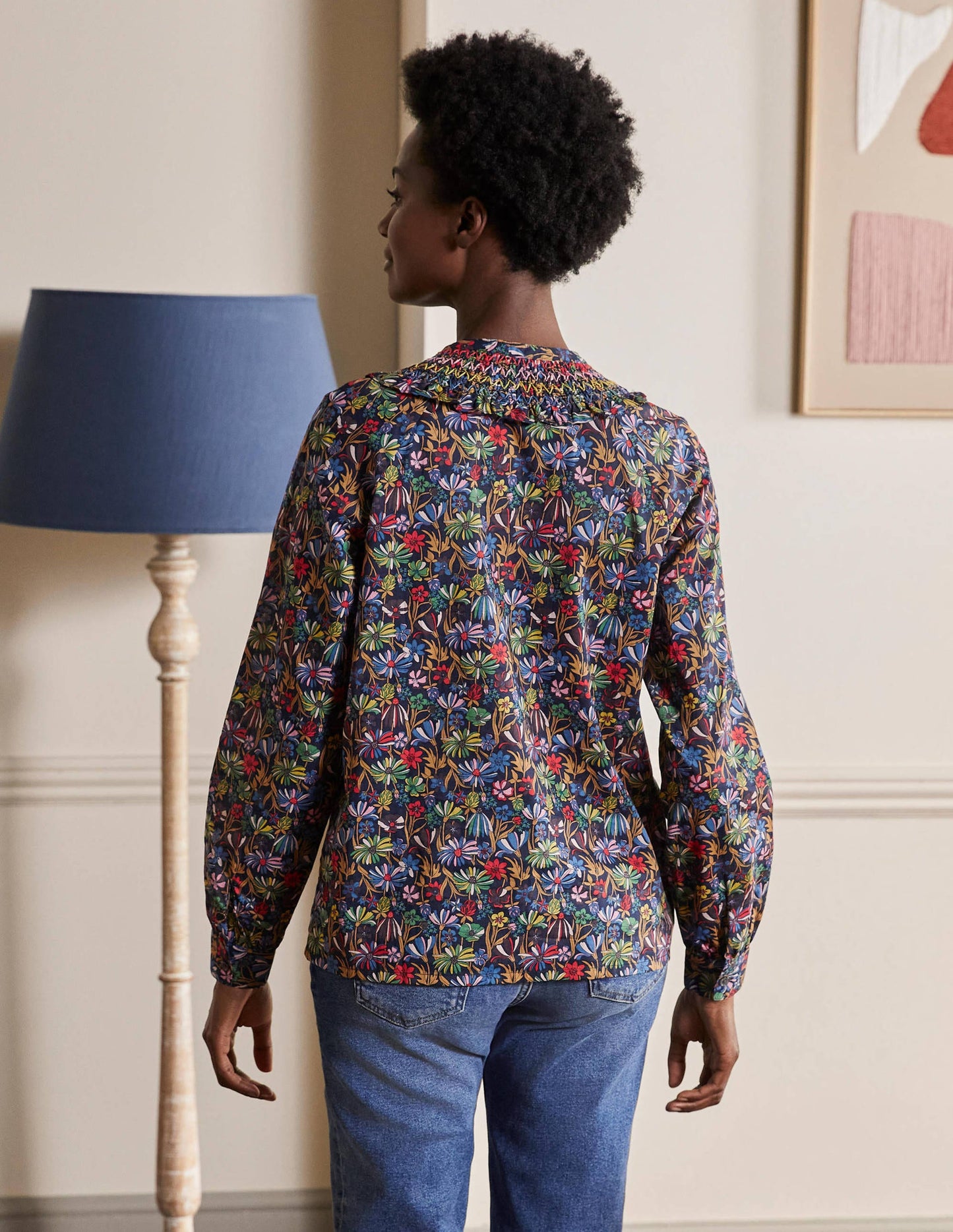 Leandra Smocked Cotton Shirt-Navy, Wild Dandelion