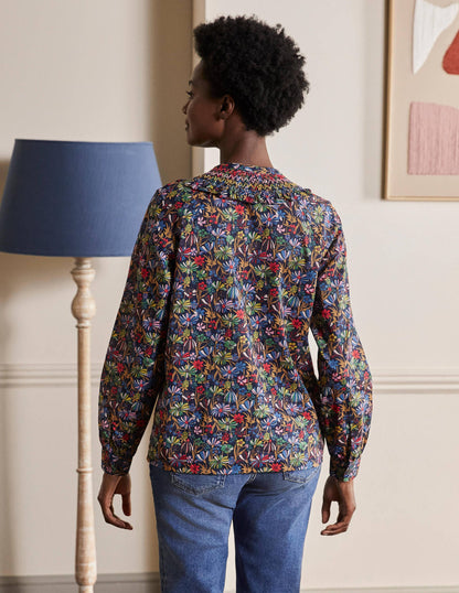 Leandra Smocked Cotton Shirt-Navy, Wild Dandelion-2