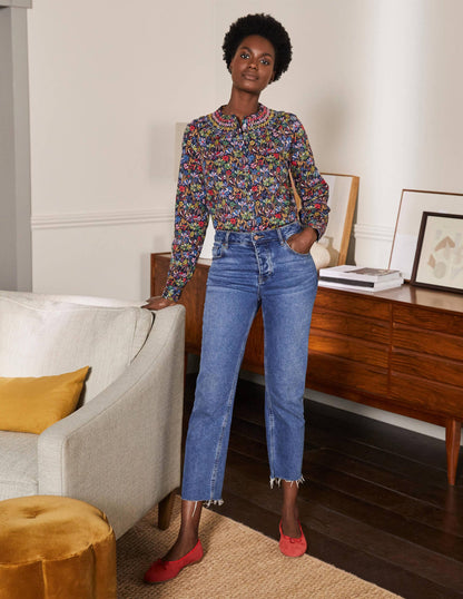 Leandra Smocked Cotton Shirt-Navy, Wild Dandelion-3
