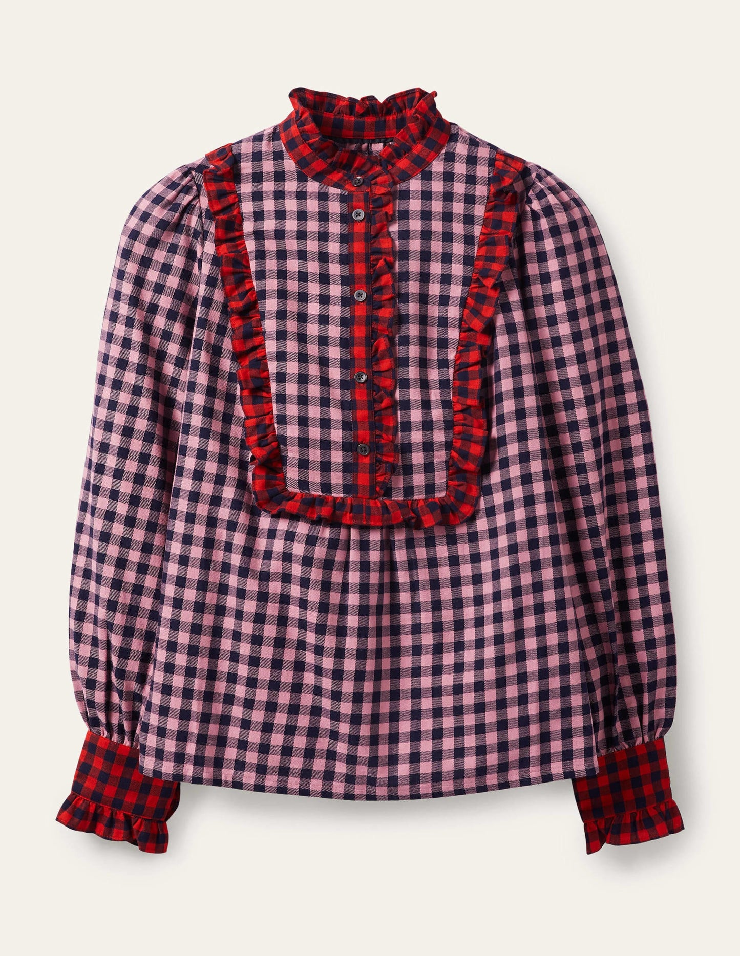 Isla Frill Detail Blouse-Formica Pink and Navy Gingham