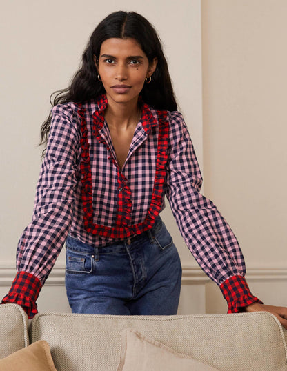 Isla Frill Detail Blouse-Formica Pink and Navy Gingham-1