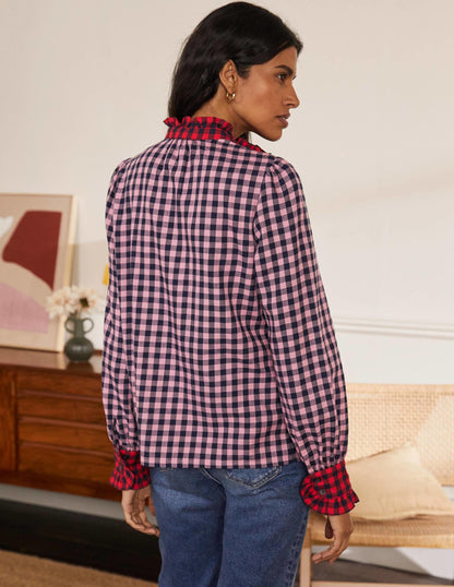 Isla Frill Detail Blouse-Formica Pink and Navy Gingham-3