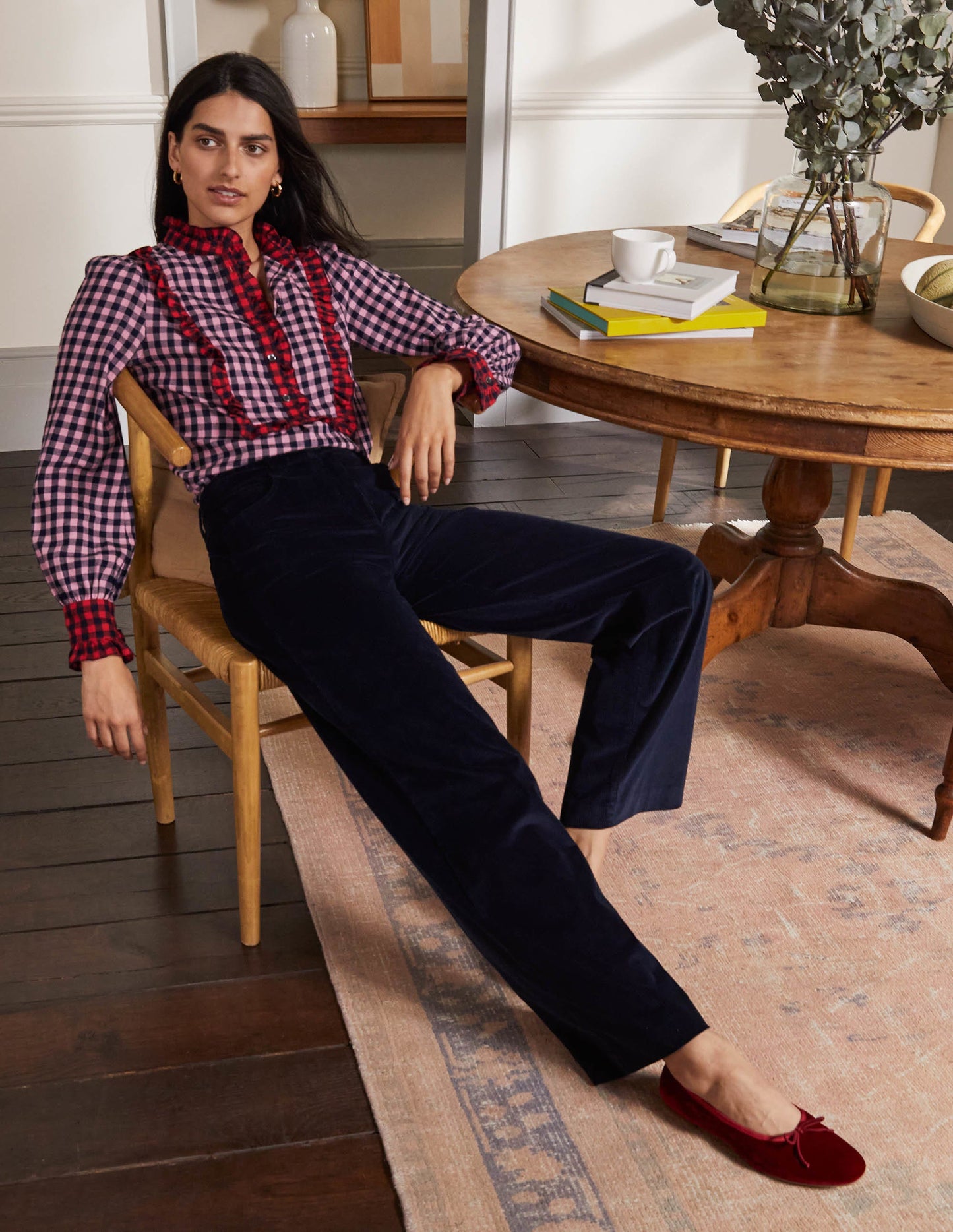 Isla Frill Detail Blouse-Formica Pink and Navy Gingham