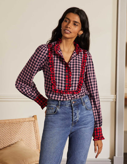 Isla Frill Detail Blouse-Formica Pink and Navy Gingham-8