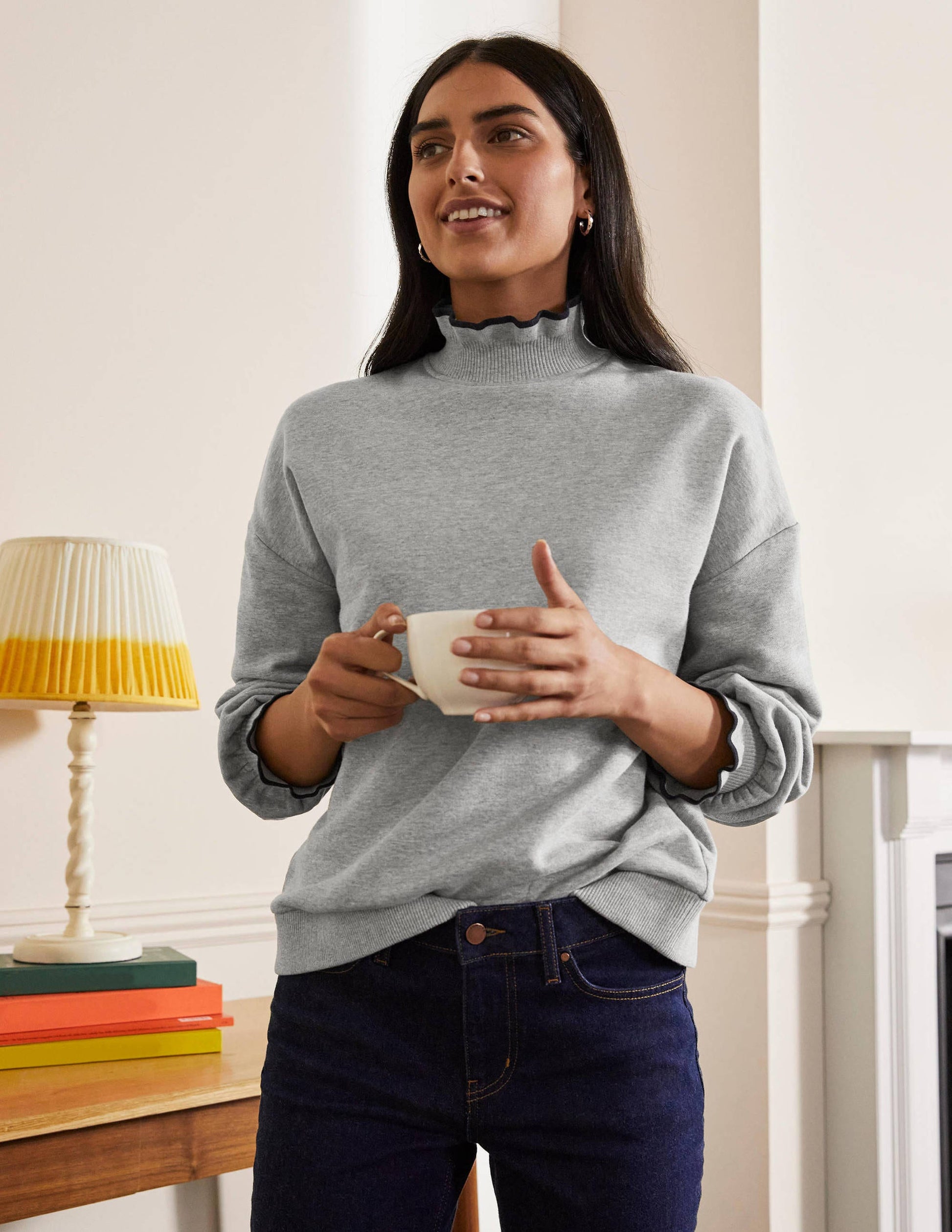Ruffle Detail Sweatshirt-Grey Marl-1