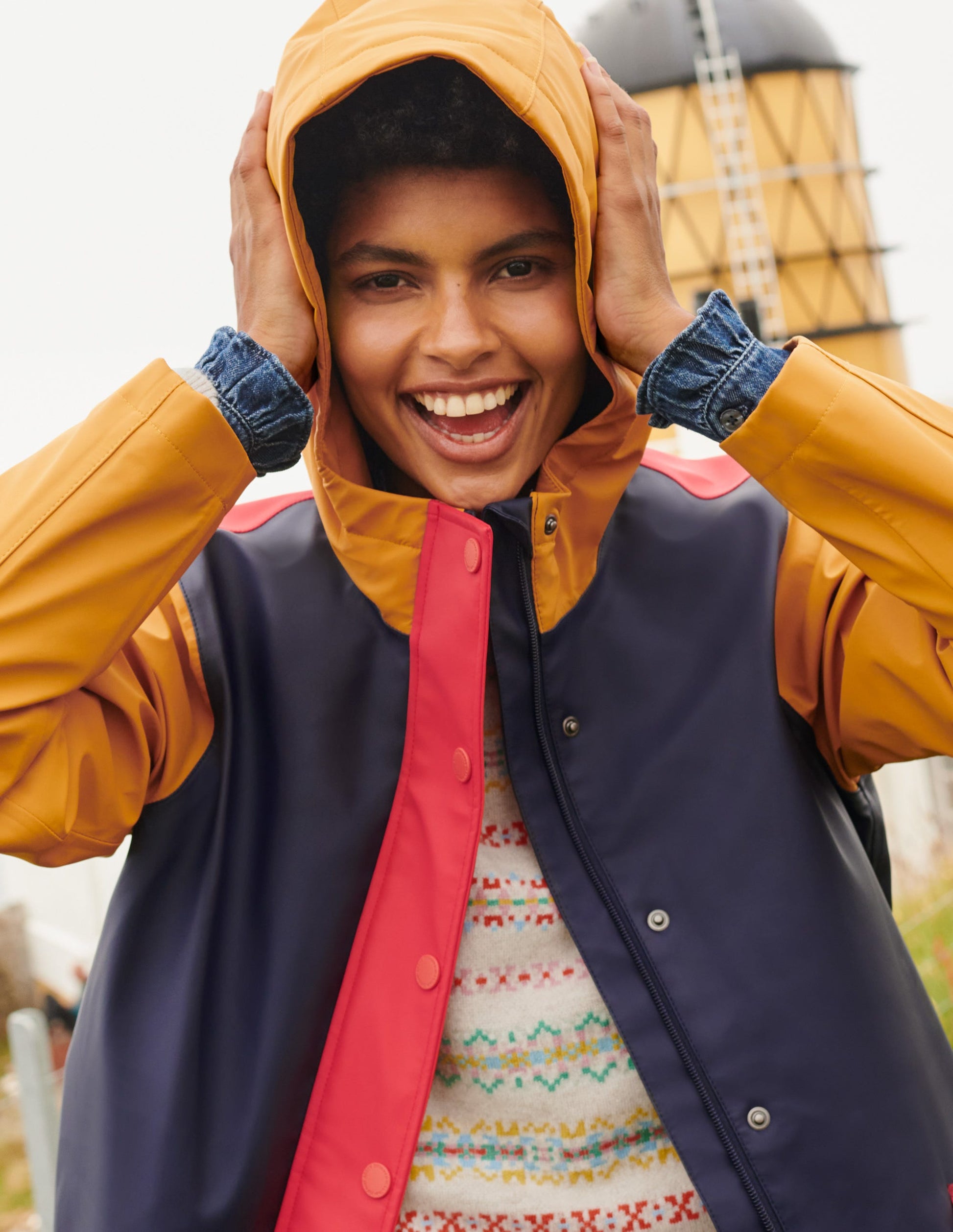 Morris Waterproof Mac-Navy and Ochre Colourblock-5