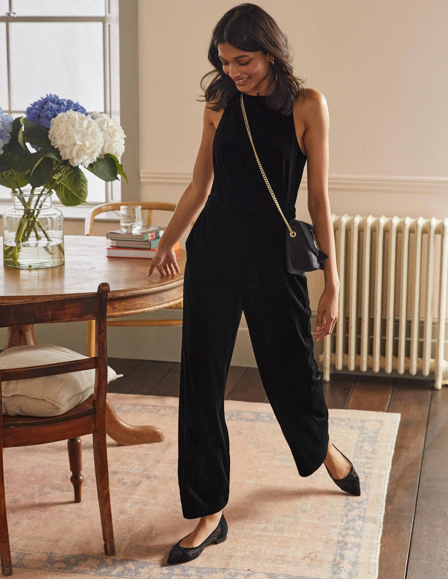 Halterneck Velvet Jumpsuit-Black