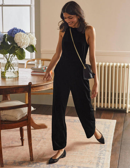 Halterneck Velvet Jumpsuit-Black-1
