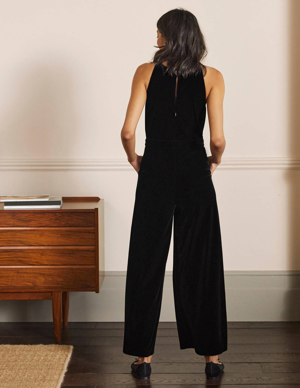Halterneck Velvet Jumpsuit-Black - Image 3