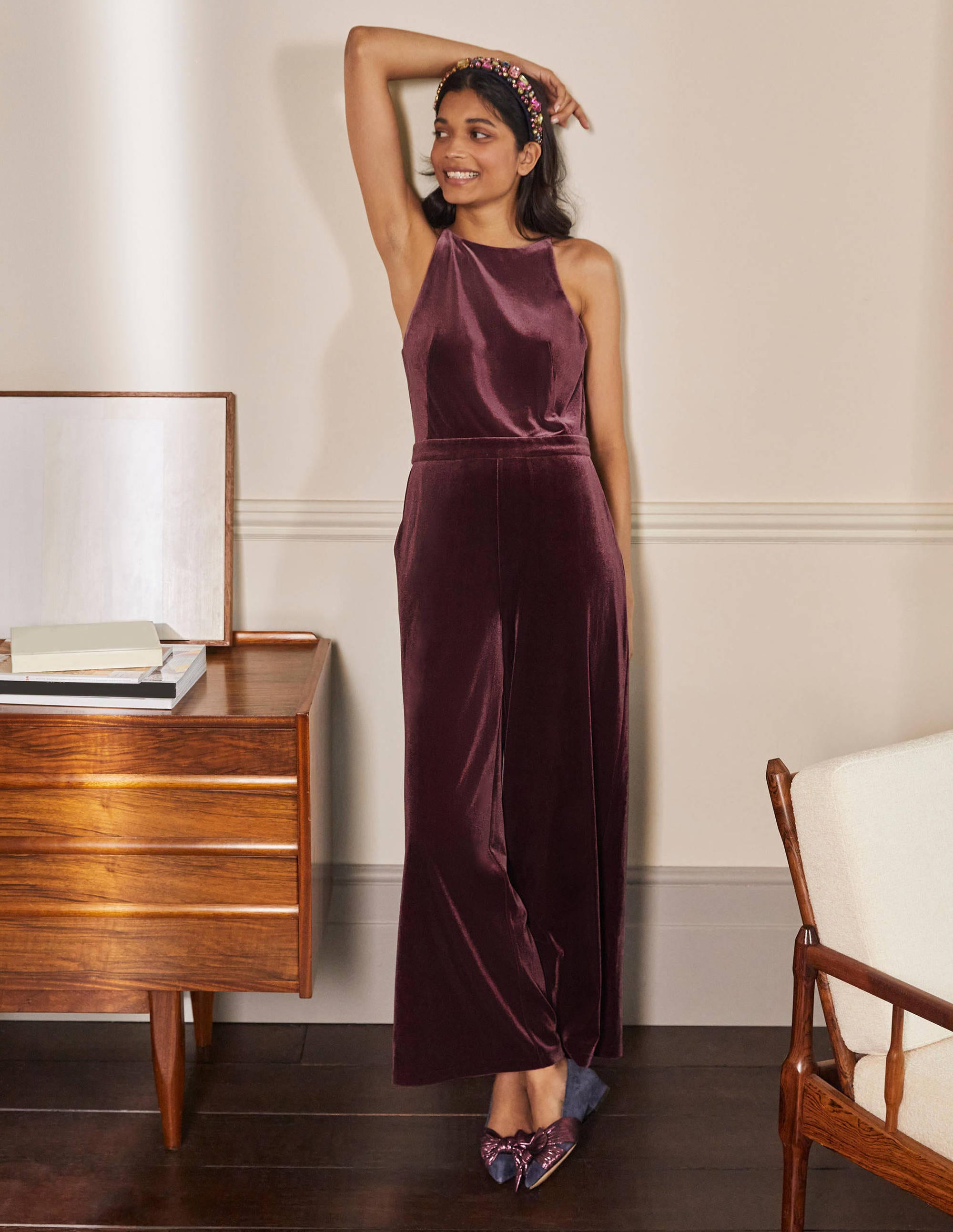 Halterneck Velvet Jumpsuit-Deep Wisteria - Image 1