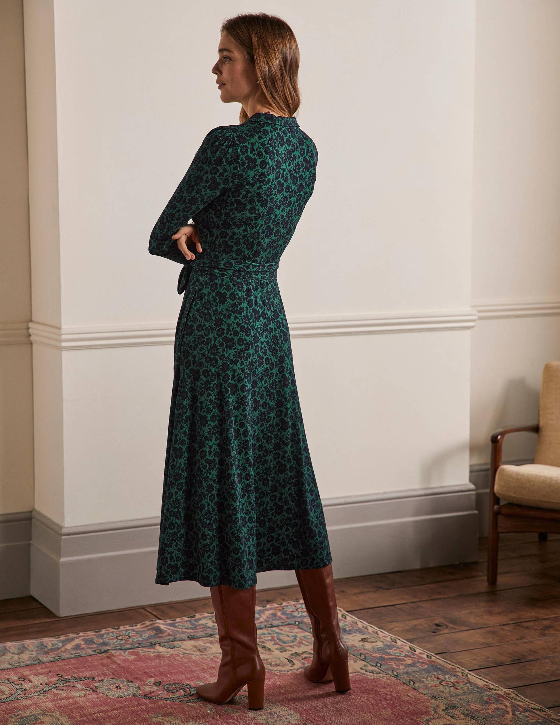 Collar Jersey Midi Dress-Deep Forest, Elegant Bloom-3