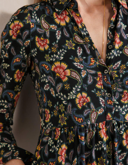 Alma Jersey Shirt Dress-Black, Exotic Floral