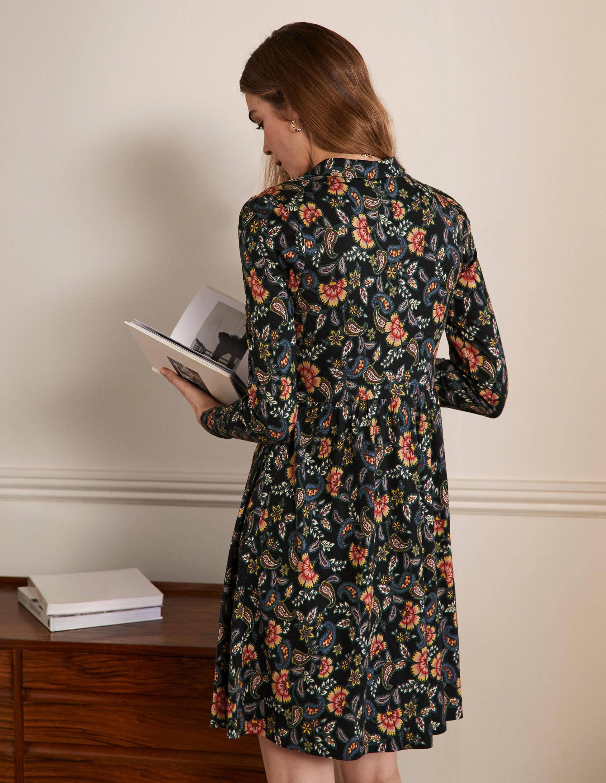 Alma Jersey Shirt Dress-Black, Exotic Floral-3
