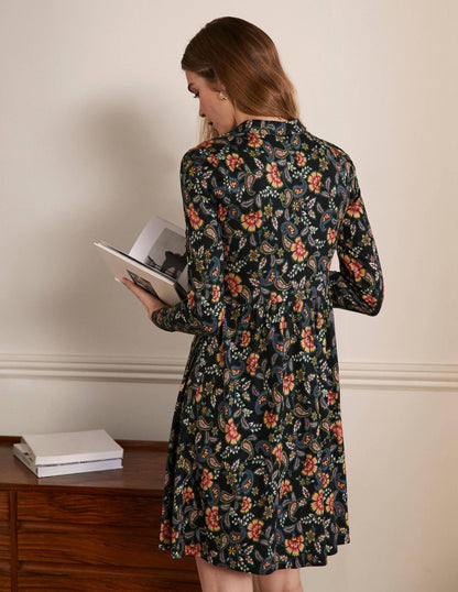 Alma Jersey Shirt Dress-Black, Exotic Floral-3