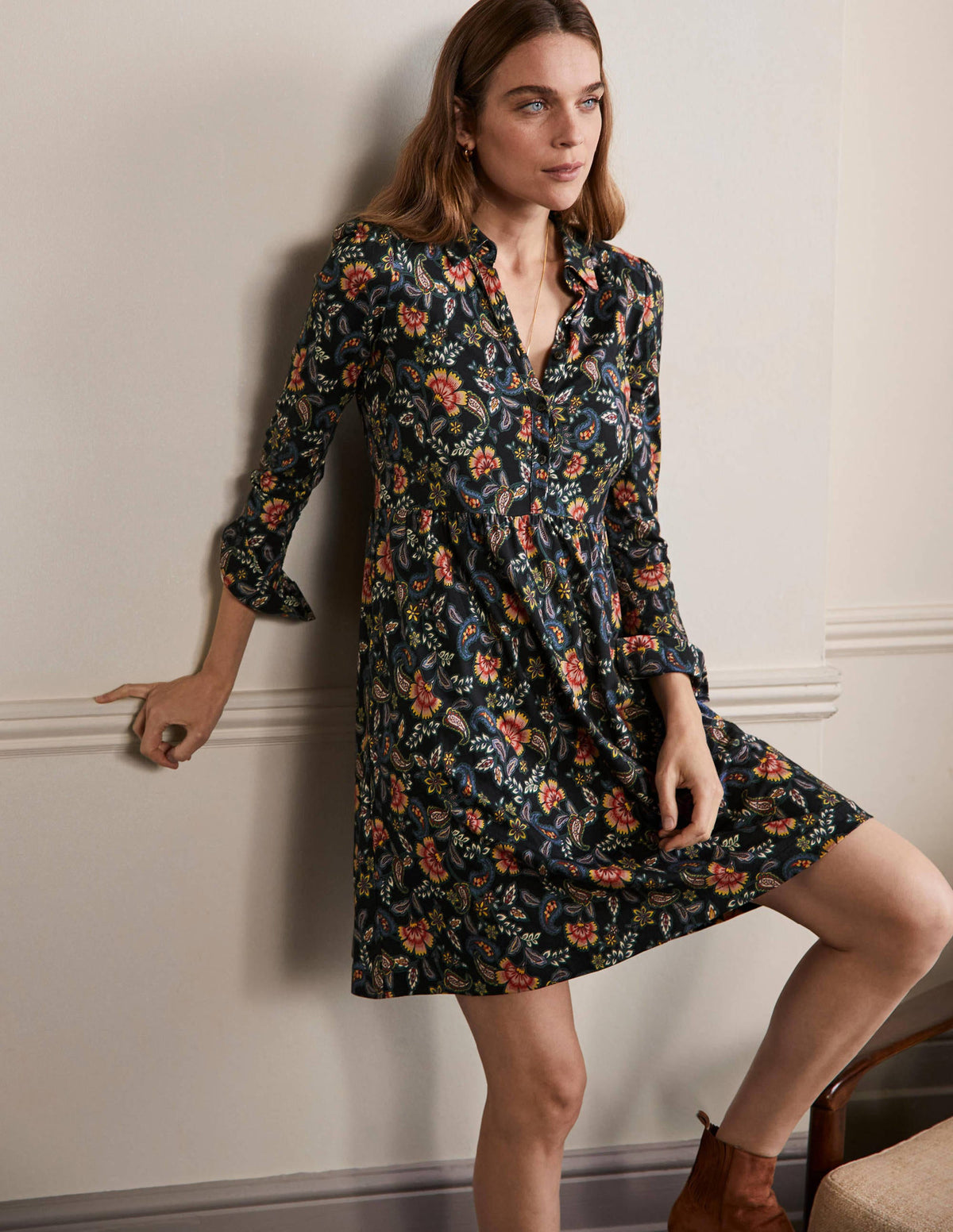 Alma Jersey Shirt Dress-Black, Exotic Floral - Image 4