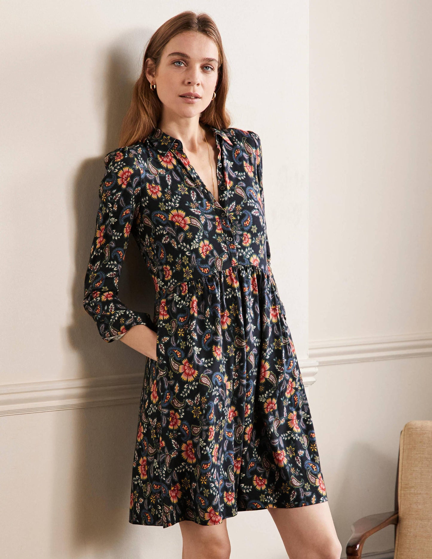 Alma Jersey Shirt Dress-Black, Exotic Floral