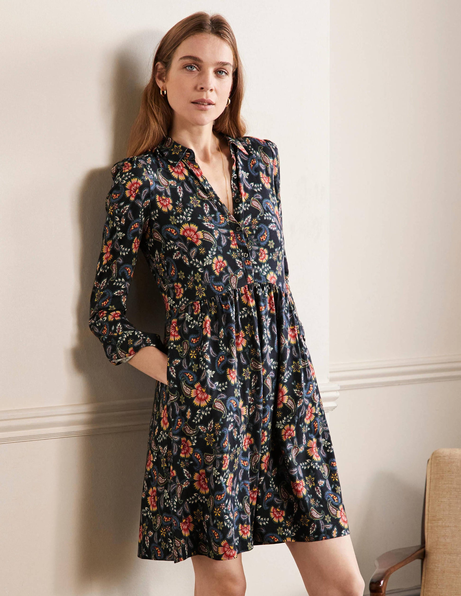 Alma Jersey Shirt Dress-Black, Exotic Floral-5