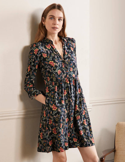 Alma Jersey Shirt Dress-Black, Exotic Floral-5