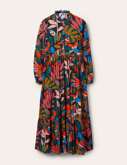 Tiered Maxi Shirt Dress-French Navy, Tropic Palm-5