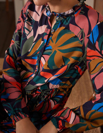 Tiered Maxi Shirt Dress-French Navy, Tropic Palm-2