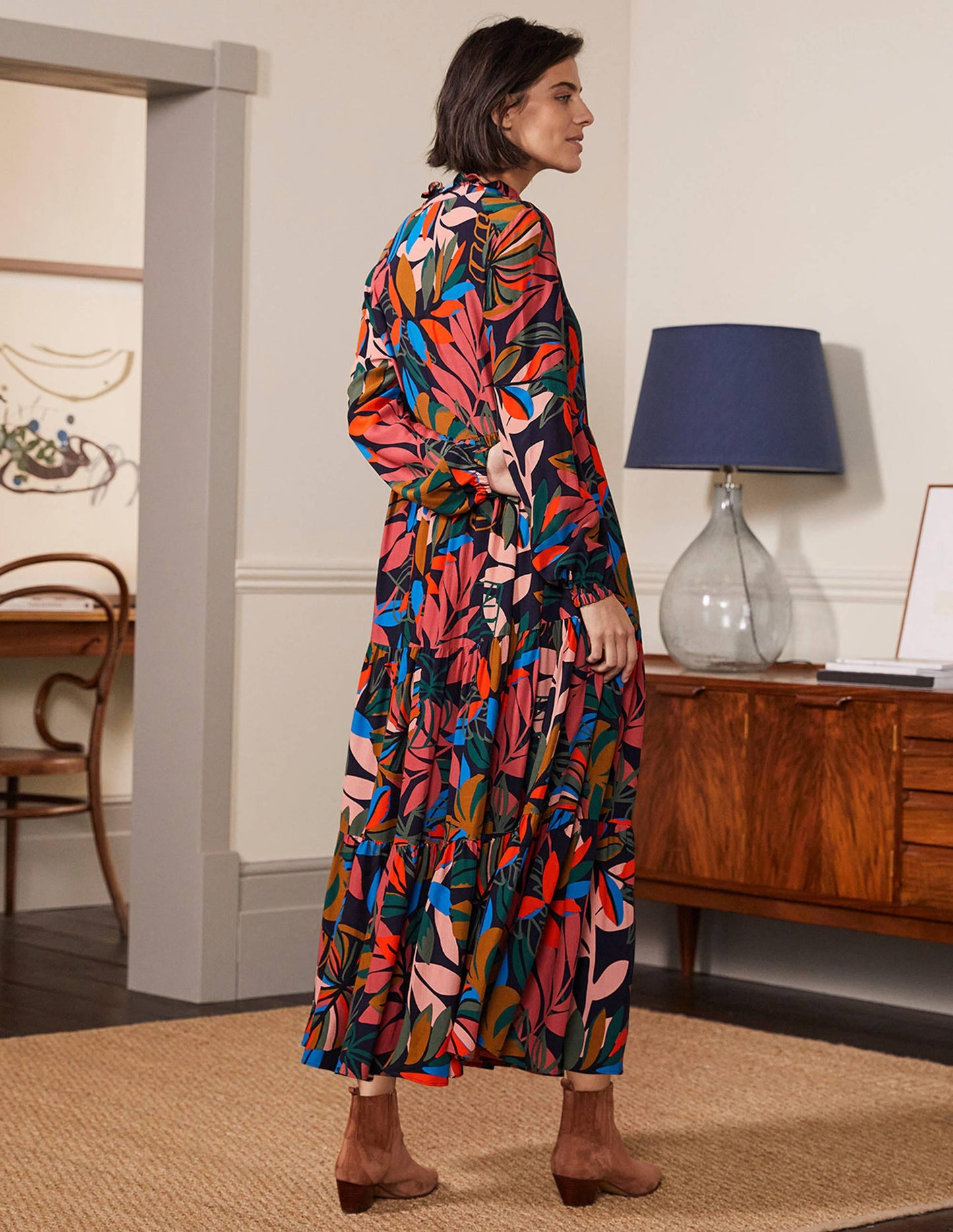 Tiered Maxi Shirt Dress-French Navy, Tropic Palm