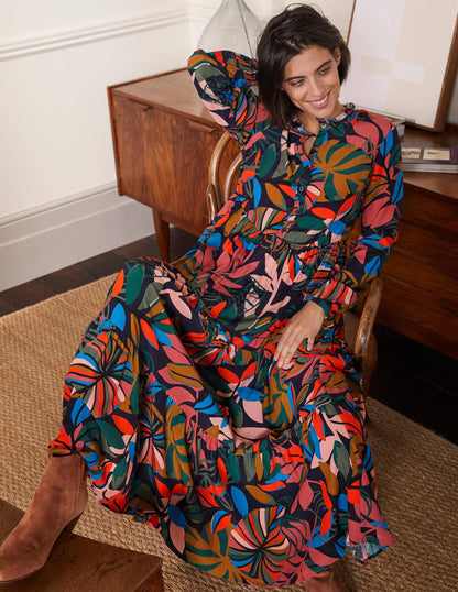 Tiered Maxi Shirt Dress-French Navy, Tropic Palm-4