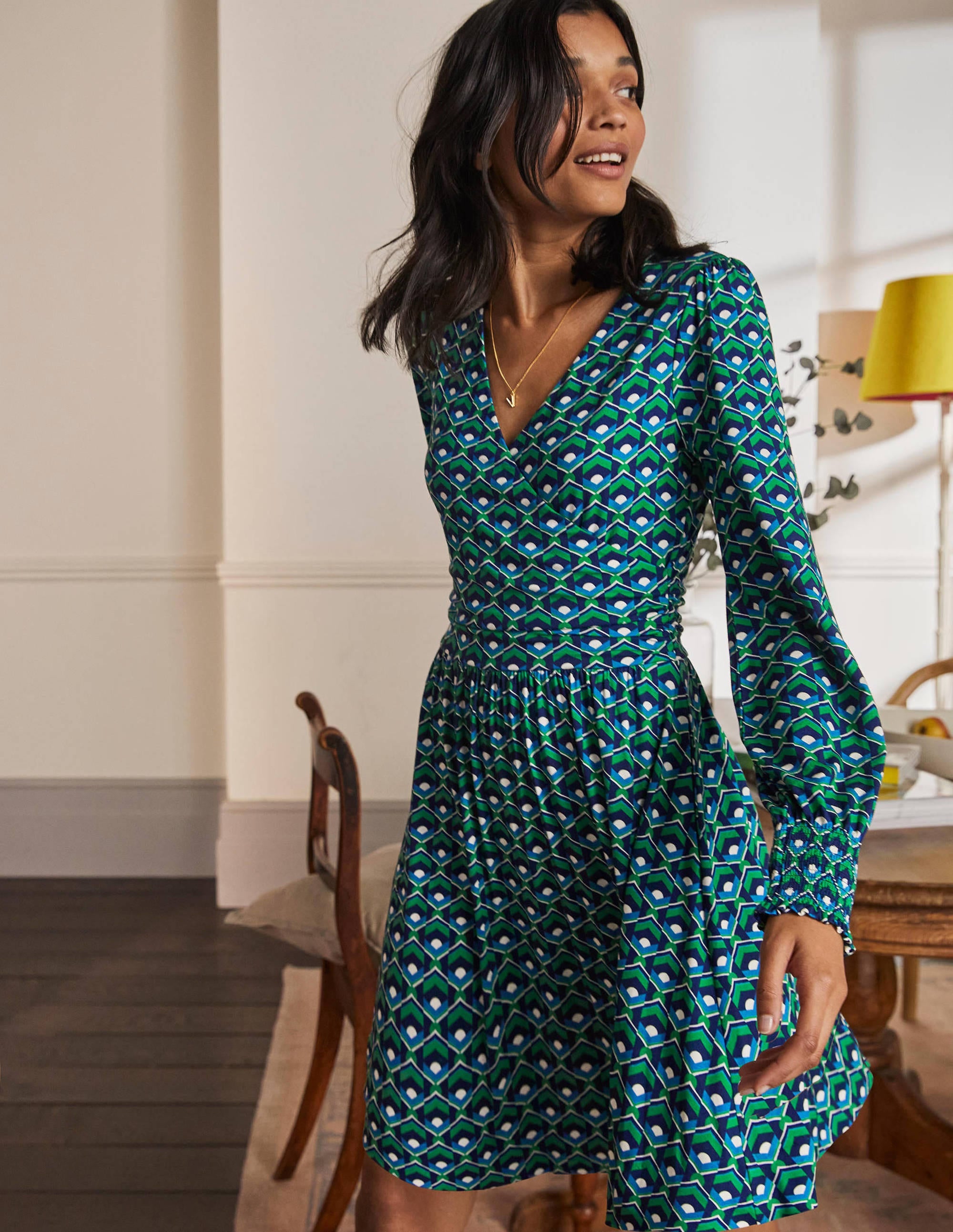 Jersey Wrap Dress-Highland Green, Geometric Tile - Image 1