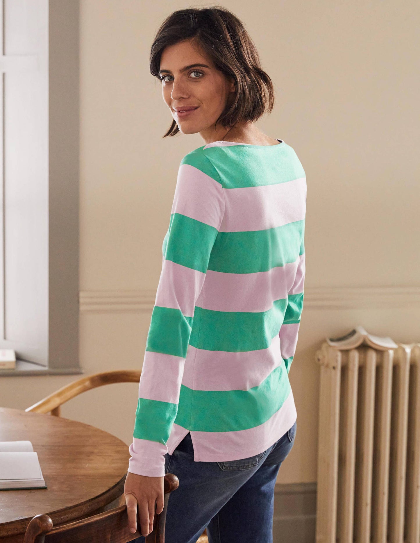 Long Sleeve Breton Top-Soft Peony / Green Stripe
