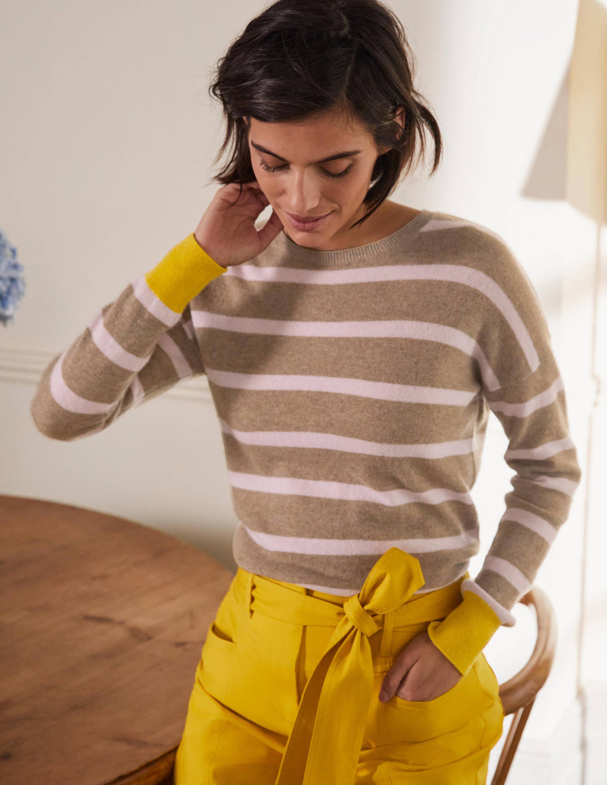 Striped Cashmere Jumper-Oatmeal Brown Stripe - Image 2
